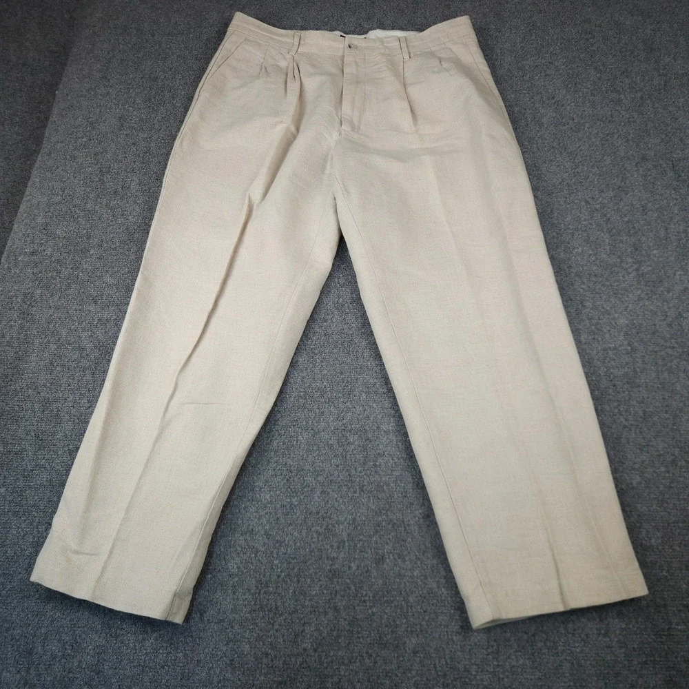 Club Room Mens Pleated Linen Cotton Blend Trousers Beige Oatmeal 38/29 DressPant
